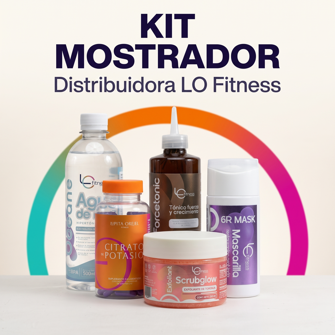 Kit Mostrador de distribuidora LO Fitness: 34 piezas de producto sobre mesa