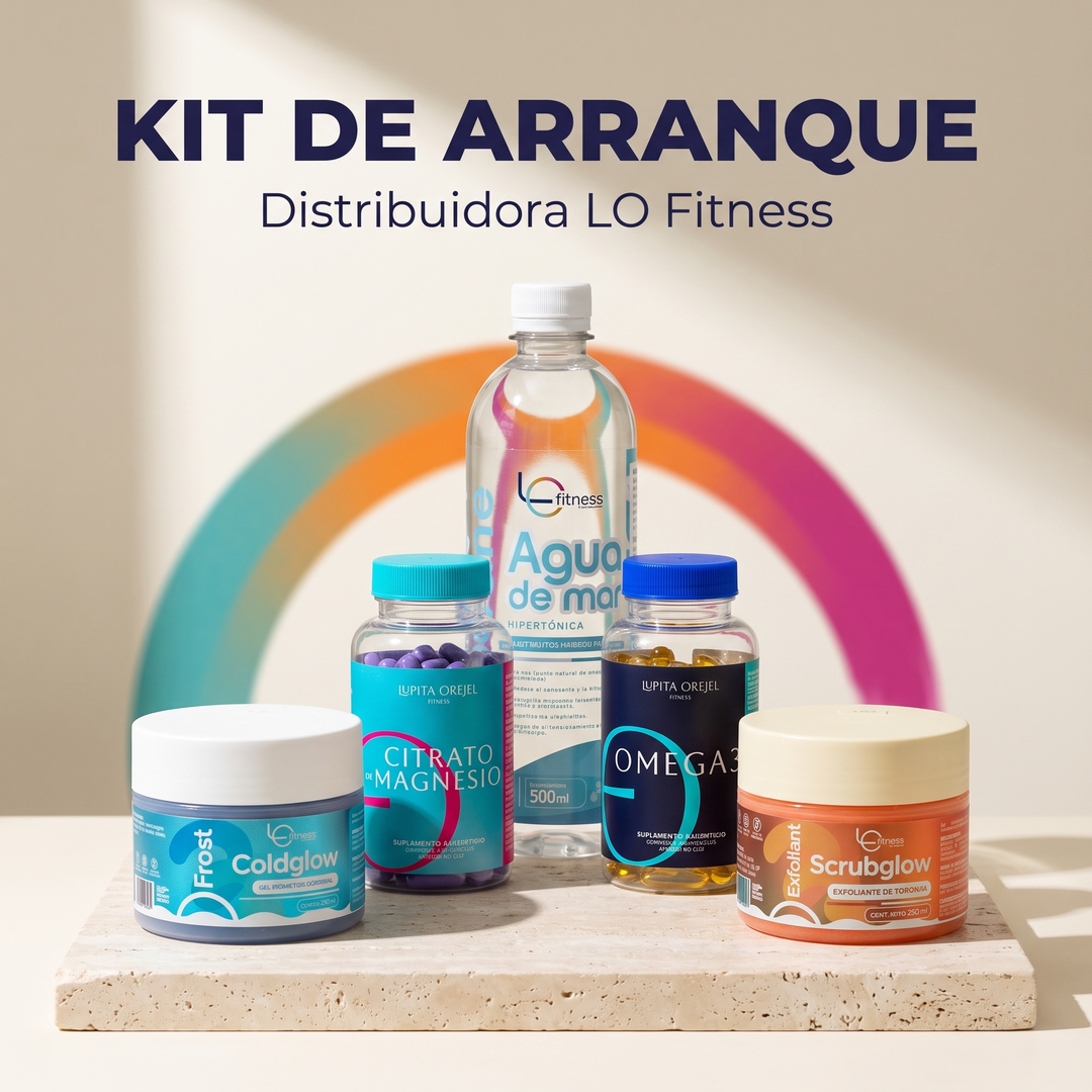 Kit Arranque de distribuidora LO Fitness: 20 piezas de producto sobre mesa